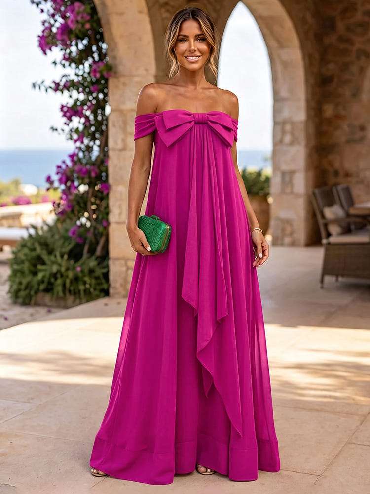 Chiffon A-Line Off Shoulder Formal Dresses with Bow