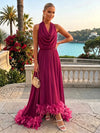 Chiffon High Low Halter Formal Dresses with Natural Feather Fringe Hem