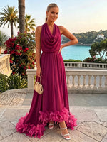 Chiffon High Low Halter Formal Dresses with Natural Feather Fringe Hem
