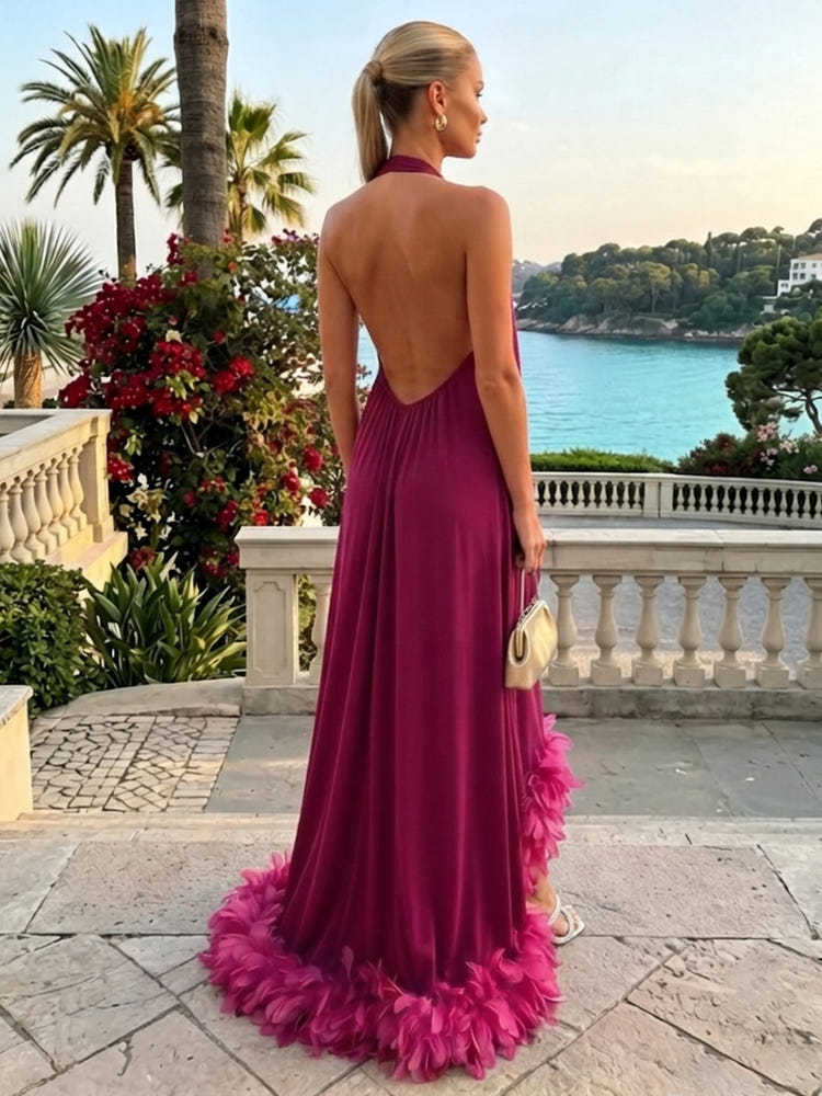 Chiffon High Low Halter Formal Dresses with Natural Feather Fringe Hem