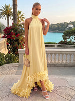 Chiffon High Low Halter Formal Dresses with Natural Feather Fringe Hem