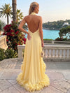 Chiffon High Low Halter Formal Dresses with Natural Feather Fringe Hem
