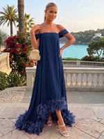 Chiffon High Low Off Shoulder Formal Dresses with Natural Feather Fringe Hem