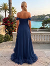 Chiffon High Low Off Shoulder Formal Dresses with Natural Feather Fringe Hem