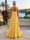 Chiffon High Low Square Neck Formal Dresses with Natural Feather Fringe Hem