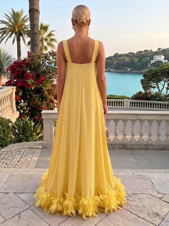 Chiffon High Low Square Neck Formal Dresses with Natural Feather Fringe Hem