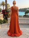 Chiffon High Low One Shoulder Formal Dresses with Natural Feather Fringe Hem