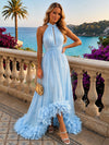 Chiffon High Low Halter Formal Dresses with Natural Feather Fringe Hem