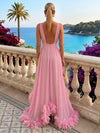 Chiffon High Low V Neck Formal Dresses with Natural Feather Fringe Hem