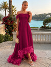 Chiffon High Low Off Shoulder Formal Dresses with Natural Feather Fringe Hem