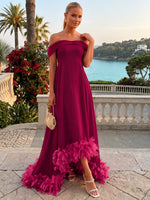 Chiffon High Low Off Shoulder Formal Dresses with Natural Feather Fringe Hem