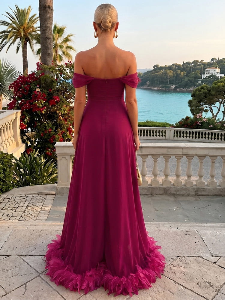 Chiffon High Low Off Shoulder Formal Dresses with Natural Feather Fringe Hem