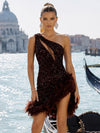 Sequin Bodycon One Shoulder Formal Dresses with Natural Feather Fringe Hem