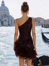 Sequin Bodycon One Shoulder Formal Dresses with Natural Feather Fringe Hem