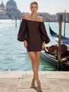 Satin A-Line Off Shoulder Formal Dresses with Dramatic Oversized Balloon Puff Sleeve