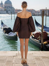 Satin A-Line Off Shoulder Formal Dresses with Dramatic Oversized Balloon Puff Sleeve