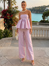 Satin Pantsuit Strapless Sets with Gathered Waist Peplum Hem
