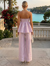 Satin Pantsuit Strapless Sets with Gathered Waist Peplum Hem