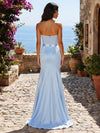 Satin Sheath Strapless Formal Dresses with Subtle Sheer Mesh Inset Detail