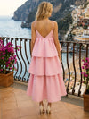 Satin A-Line Spaghetti Straps Formal Dresses with Tiered Ruffle