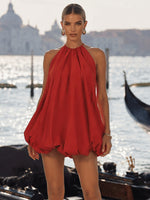 Satin A-Line Halter Formal Dresses with Unique Bubble Hem