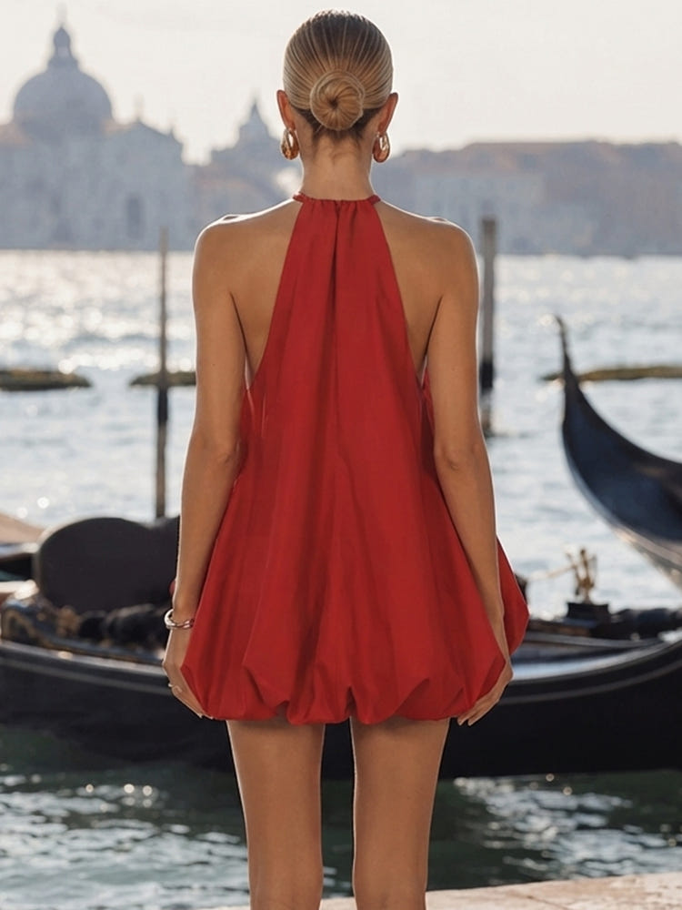 Satin A-Line Halter Formal Dresses with Unique Bubble Hem