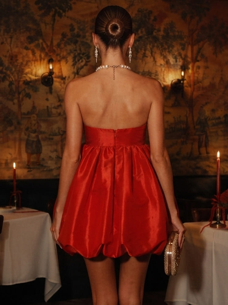 Satin Ball Gown Strapless Formal Dresses with Unique Bubble Hem