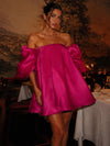 Organza A-Line Strapless Formal Dresses with Voluminous Puff Elbow Sleeves
