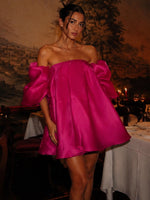 Organza A-Line Strapless Formal Dresses with Voluminous Puff Elbow Sleeves