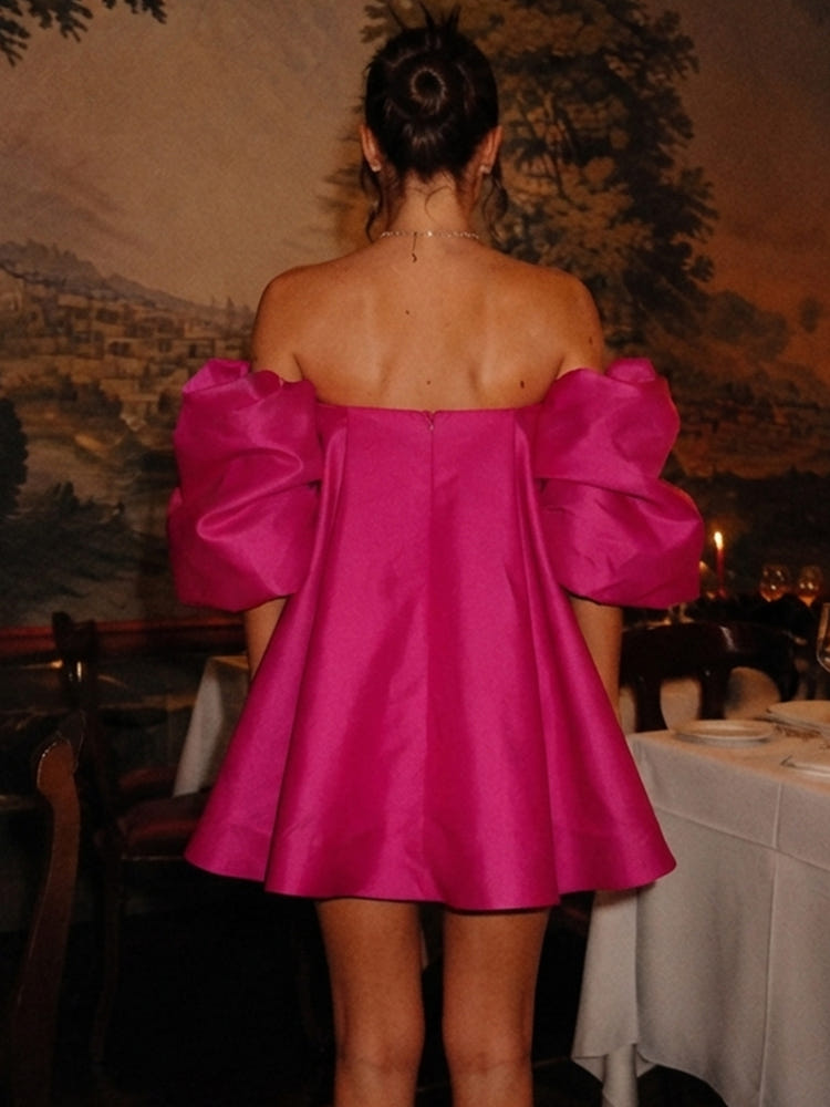 Organza A-Line Strapless Formal Dresses with Voluminous Puff Elbow Sleeves