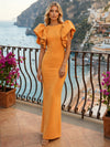 Jersey Sheath Crew Neck Formal Dresses with Statement Layered Ruffle Shoulder Design