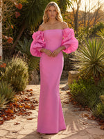 Jersey Sheath Off Shoulder Formal Dresses with Voluminous Bubble Puff Sleeves