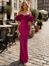 Satin Sheath Off Shoulder Formal Dresses with Ruffles