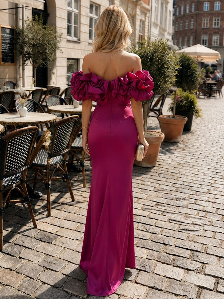 Satin Sheath Off Shoulder Formal Dresses with Ruffles