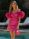 Satin Sheath Off Shoulder Formal Dresses with Dramatic Multi‑Layer Ruffle Short Sleeves