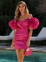 Satin Sheath Off Shoulder Formal Dresses with Dramatic Multi‑Layer Ruffle Short Sleeves