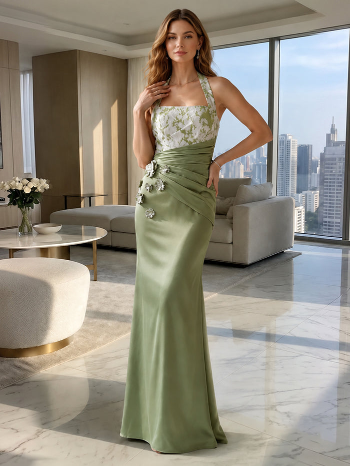 Satin Mermaid Halter Formal Dresses with Side Waist Ruched Shaping Detail