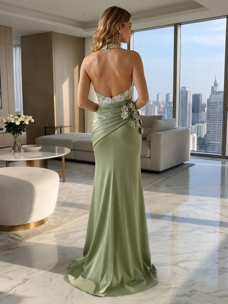 Satin Mermaid Halter Formal Dresses with Side Waist Ruched Shaping Detail