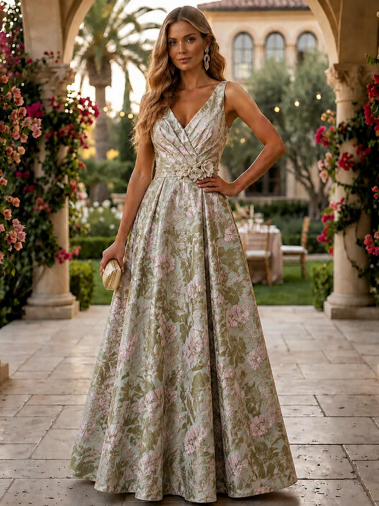 Jacquard A-Line V Neck Formal Dresses with Pleated