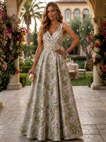 Jacquard A-Line V Neck Formal Dresses with Pleated