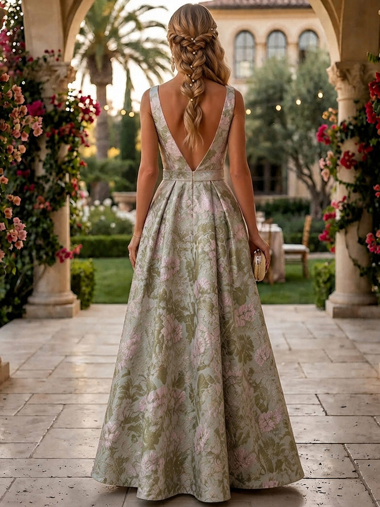 Jacquard A-Line V Neck Formal Dresses with Pleated