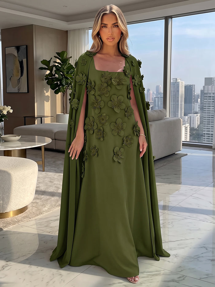 Jersey A-Line Square Neck Formal Dresses with 3D Flowers