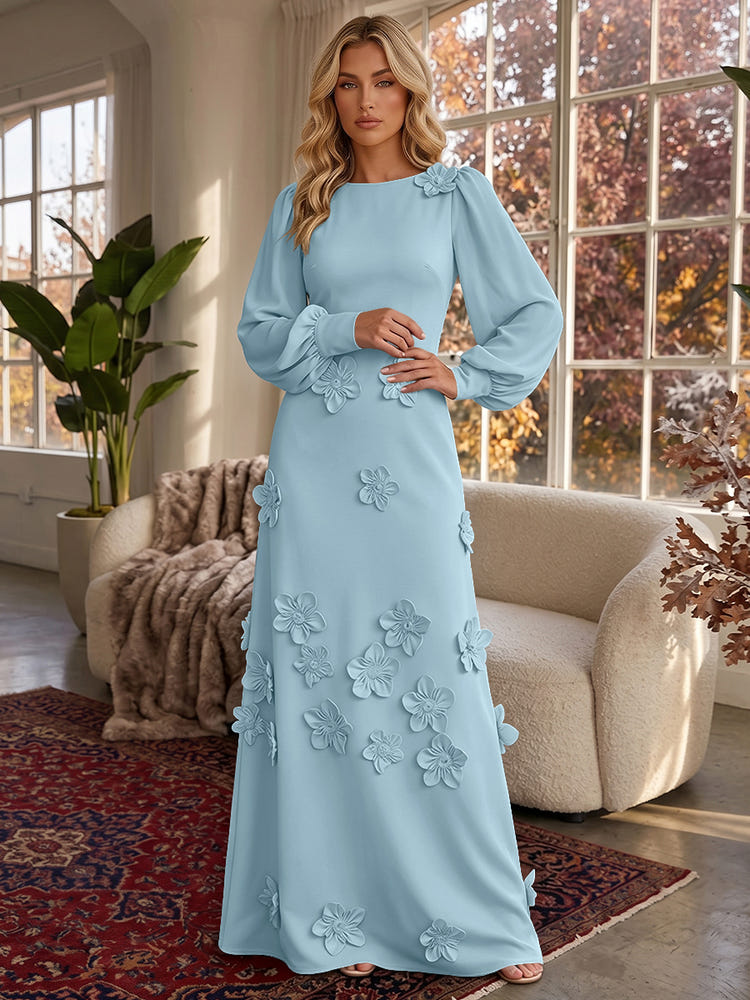 Jersey A-Line Crew Neck Formal Dresses with 3D Flowers