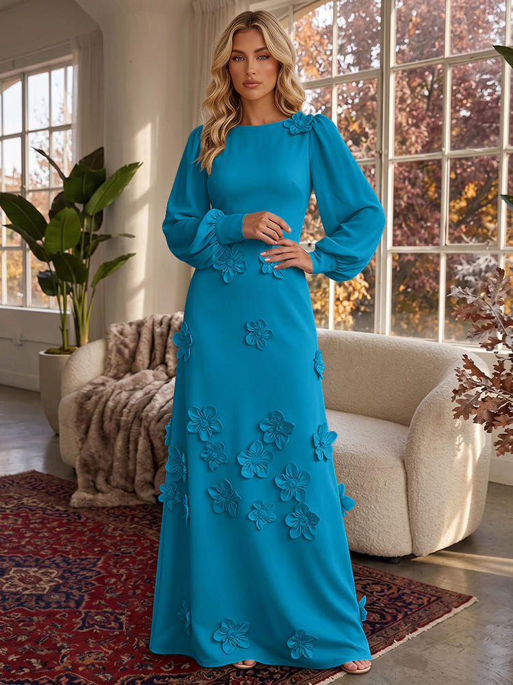 Jersey A-Line Crew Neck Formal Dresses with 3D Flowers