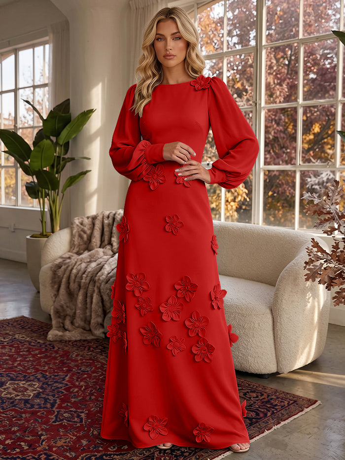 Jersey A-Line Crew Neck Formal Dresses with 3D Flowers