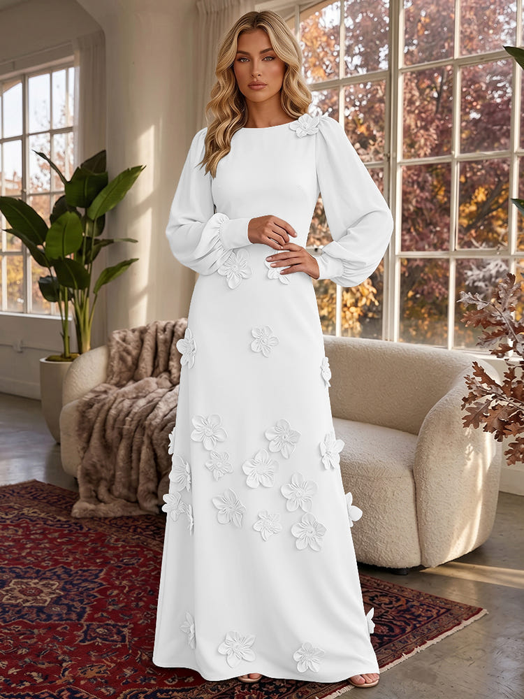 Jersey A-Line Crew Neck Formal Dresses with 3D Flowers
