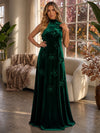 Velvet A-Line High Neck Formal Dresses with 3D Flowers