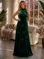 Velvet A-Line High Neck Formal Dresses with 3D Flowers