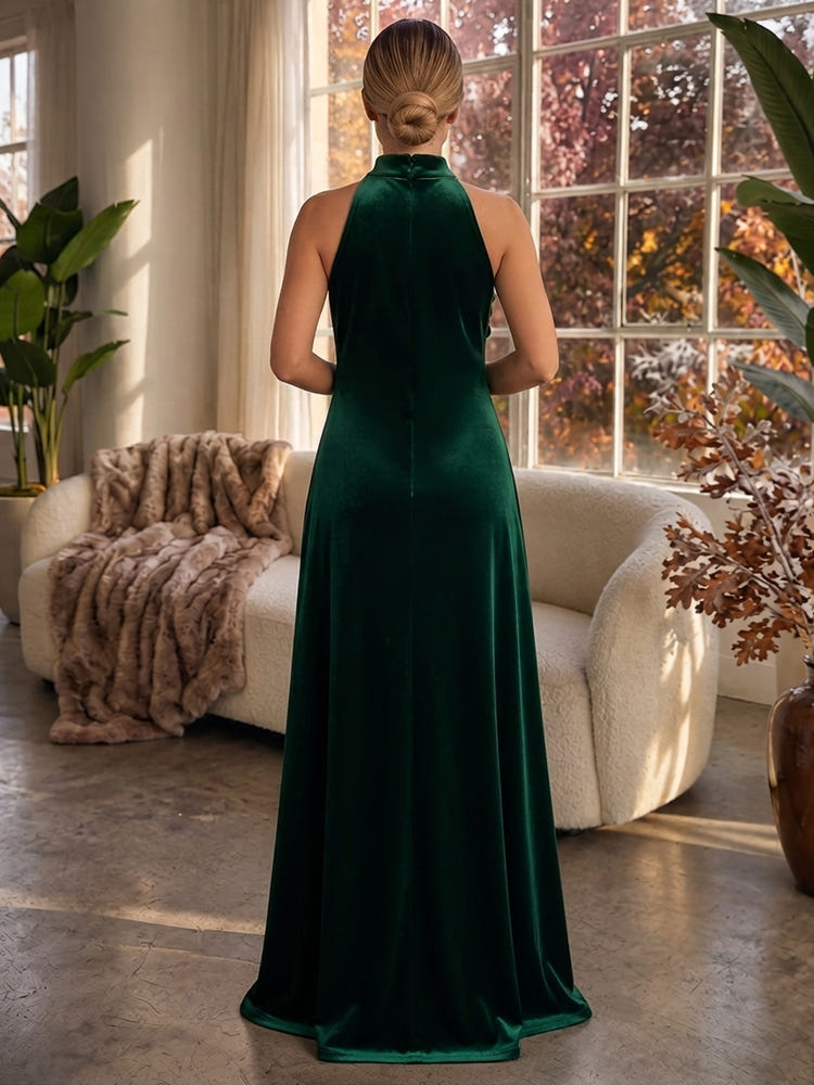 Velvet A-Line High Neck Formal Dresses with 3D Flowers