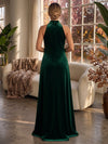 Velvet A-Line High Neck Formal Dresses with 3D Flowers